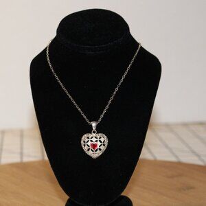 Avon 925 Sterling Heart Filigree Pendant Necklace Red Garnet Accent w/chain